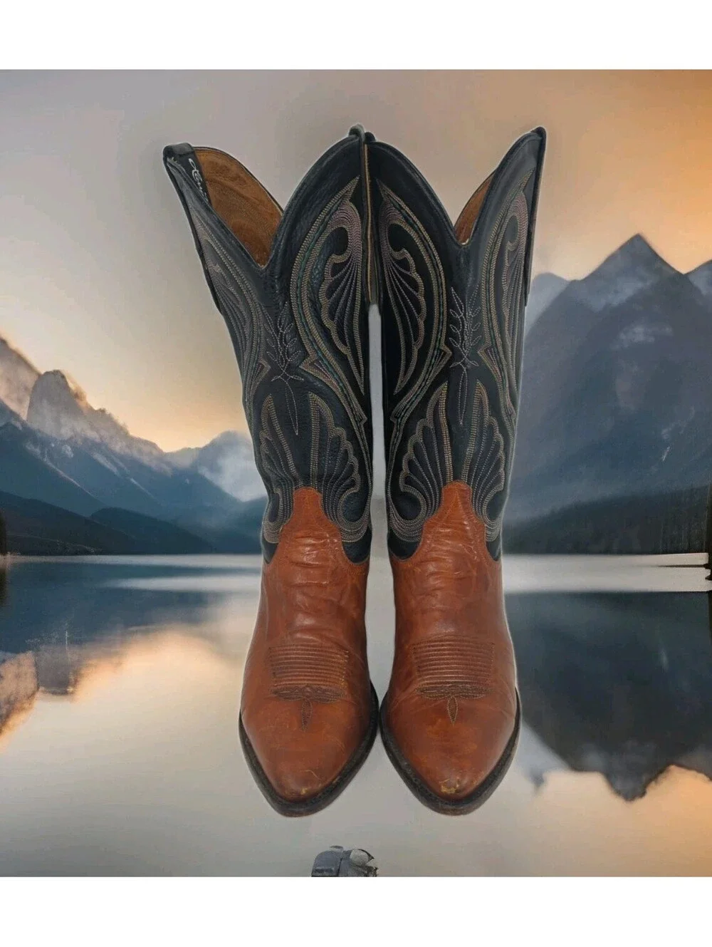Larry Mahan El Paso Leather Cowboy Western Boot Men 7 Women 8 Two Tone Black Tan